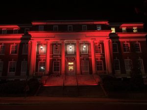 Brown Building lit in red