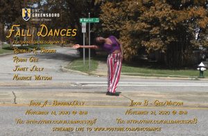 An image of a dancer with text listing information about UNCG Fall Dances.