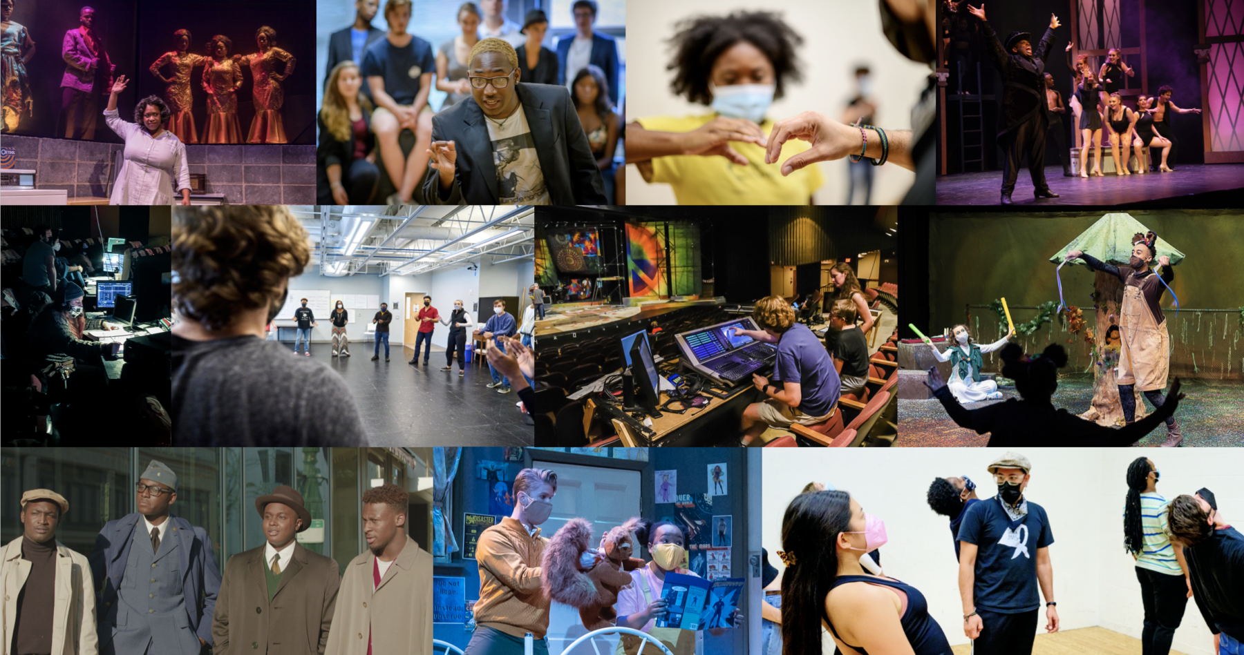 This is a photo collage of School of Theatre students performing, in class, and working on productions.