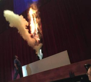 A hot light ignited the main curtain in the Auditorium during a rehearsal in April 2017