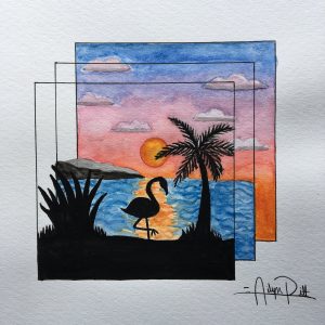 Three Grounds Flamin Flamingo- Watercolor, 9x12in