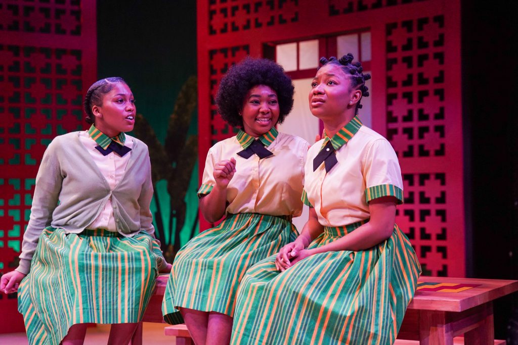 School Girls production photo (l-r) Alexa Fields (Gifty), Symone Spencer (Paulina), and Seania Burnett (Mercy). Photo credit: Elainia Sanders