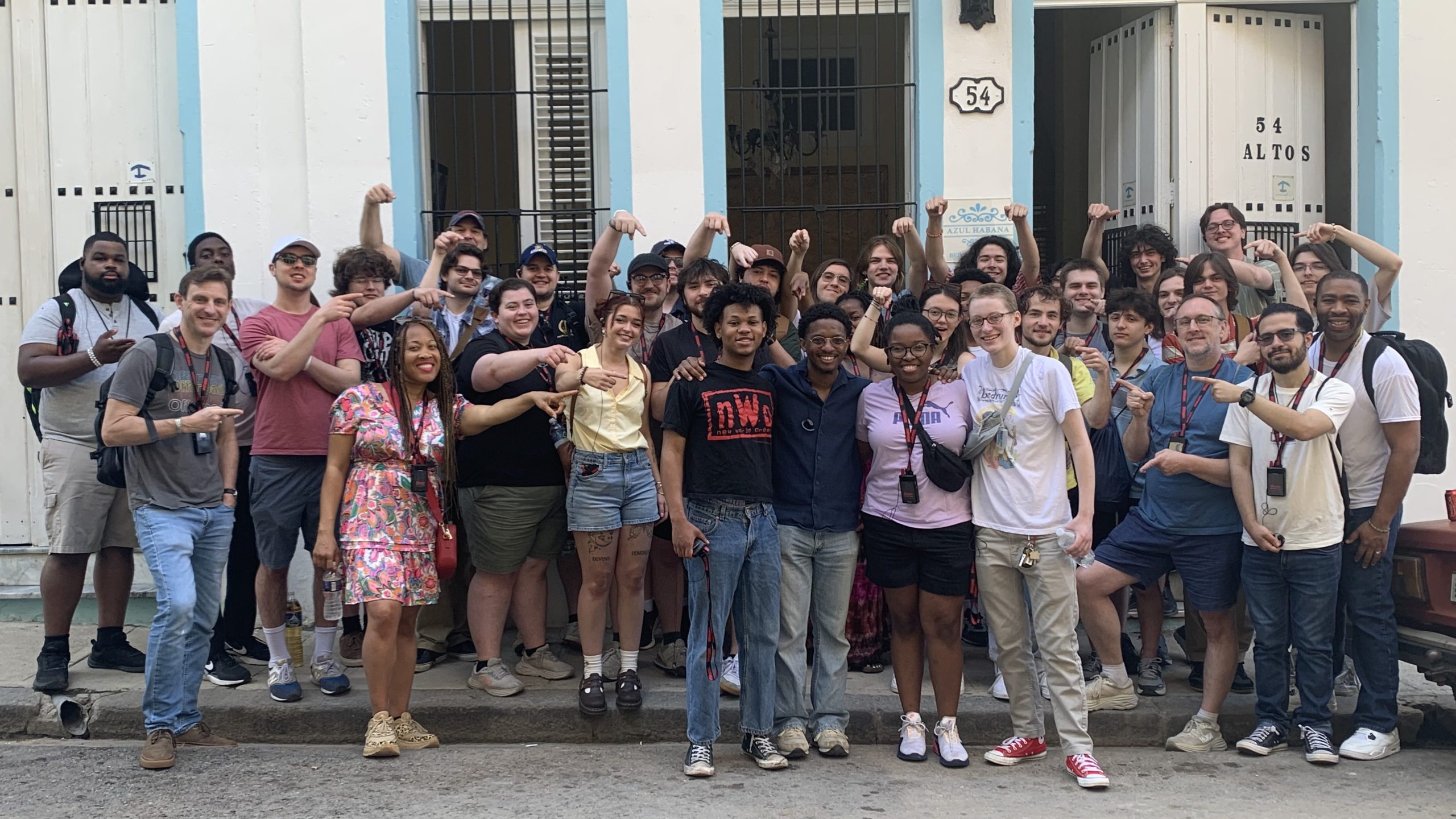 UNCG jazz students in Havana, Cuba after hearing that the CR Quartet's Robinson Family Scholar Angel McCray won the Downbeat Outstanding Soloist Award for Small Groups, March 12, 2025. l-r Alston Harris (drums), Tyson Baker (double bass), Angel McCray (tenor saxophone), Cal Richardson (guitar, leader)