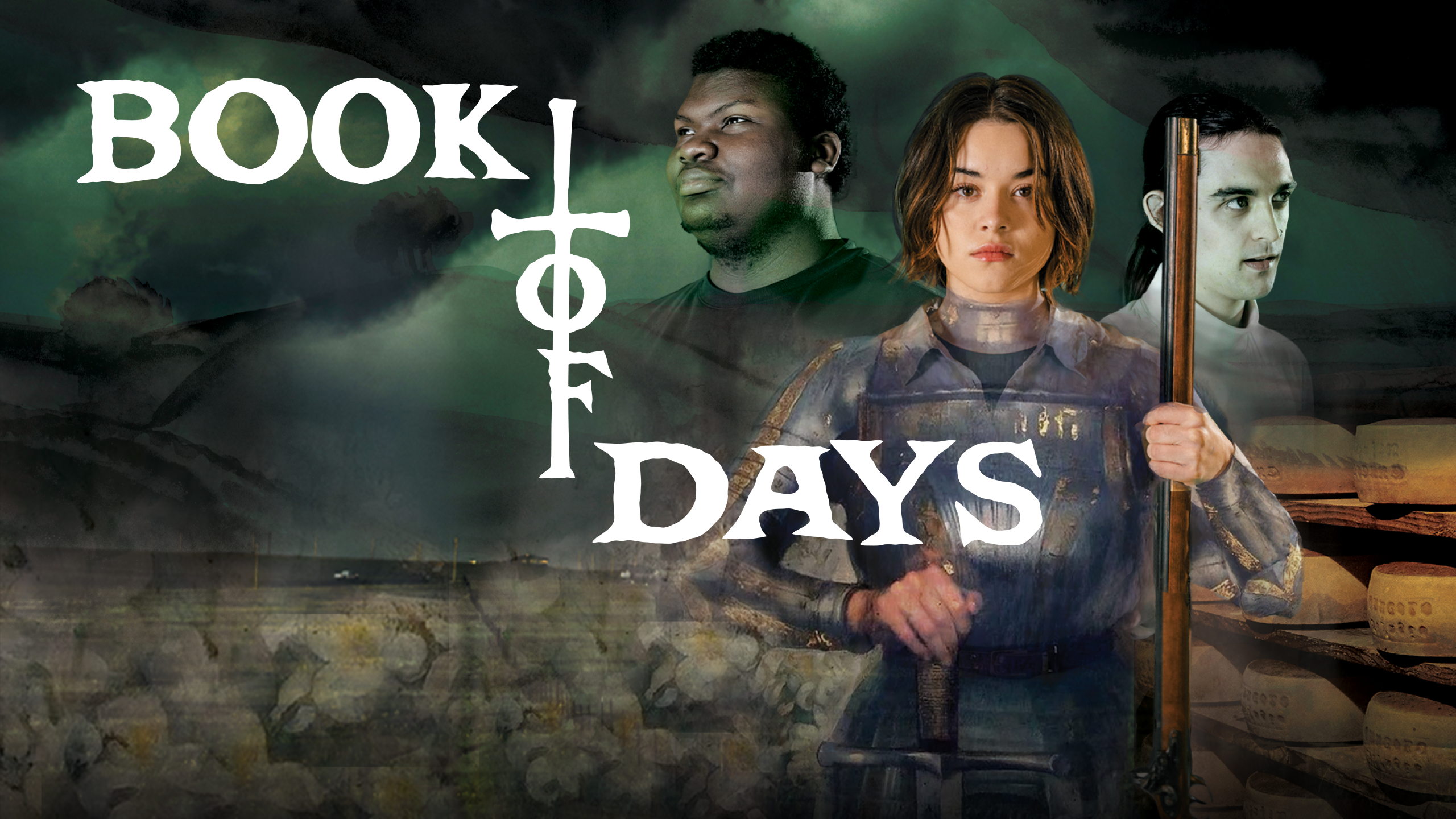 This is an image of a woman holding a gun and a sword. She looks to be wearing armor. There is one person on each side of her looking out. There is a title across her that says "Book of Days."